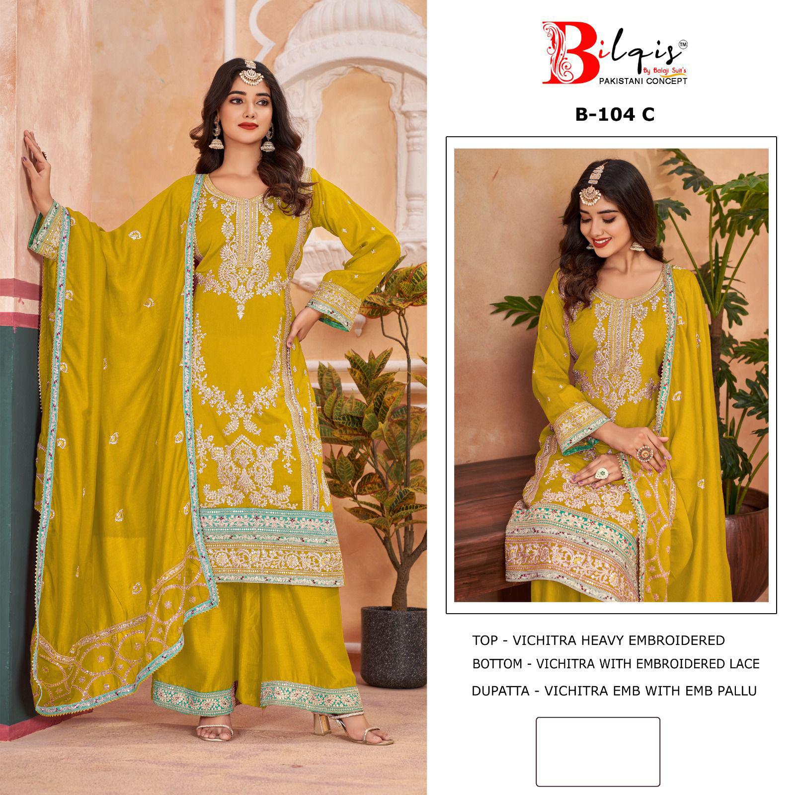 B-104 C Yellow Bilqis Embroidery Pakistani Salwar Suits