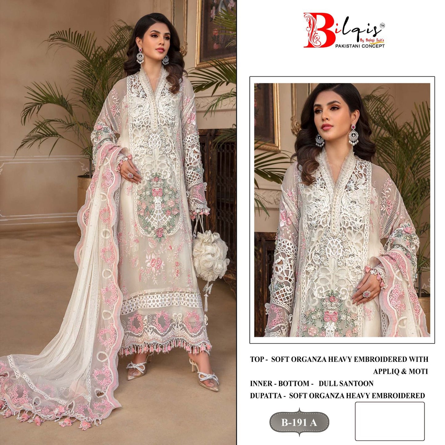 B-191 White Bilqis Embroidery Pakistani Salwar Suits