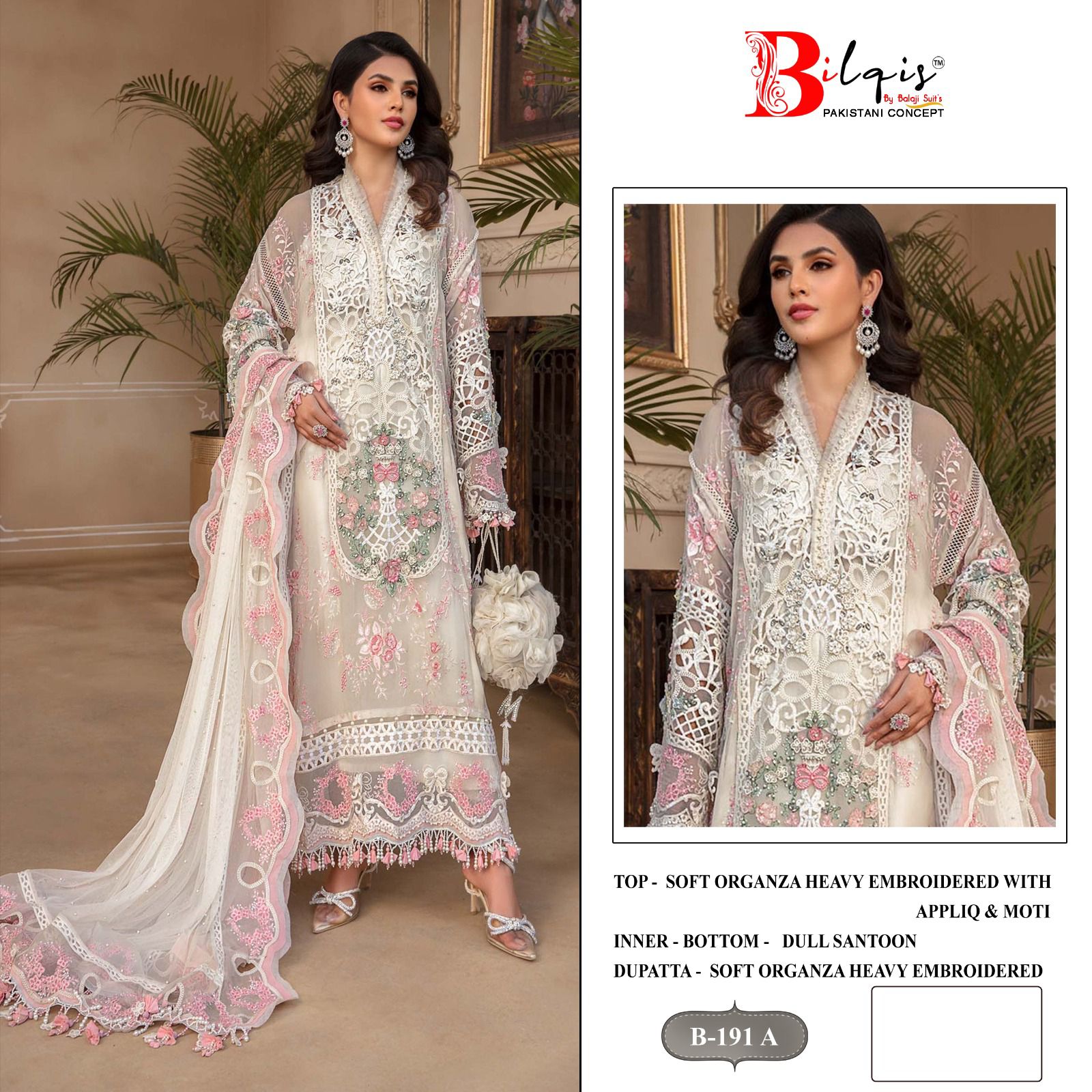 B-191 White Bilqis Embroidery Pakistani Salwar Suits