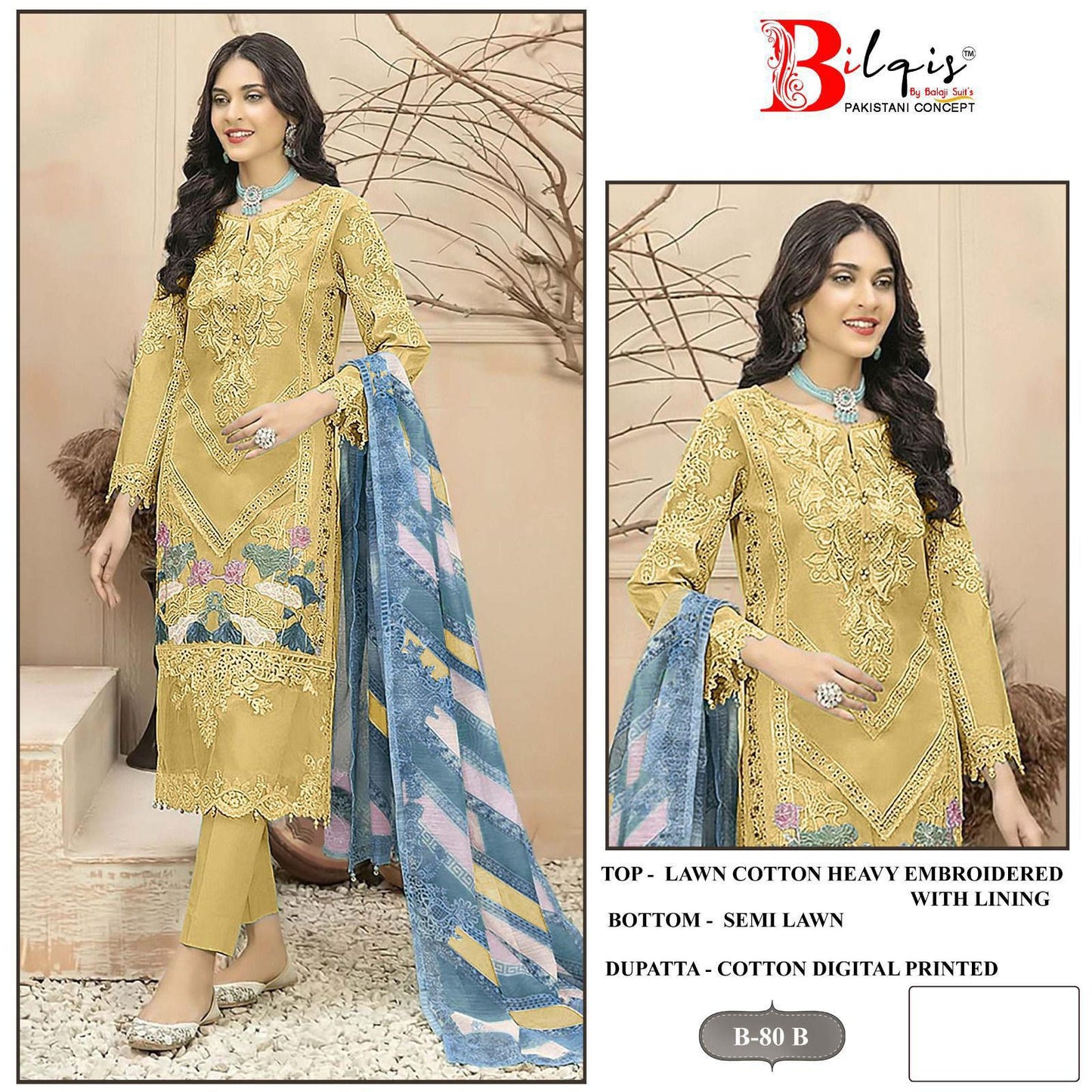 B-80 B Yellow Bilqis Cambric Lawn Pakistani Salwar Suits