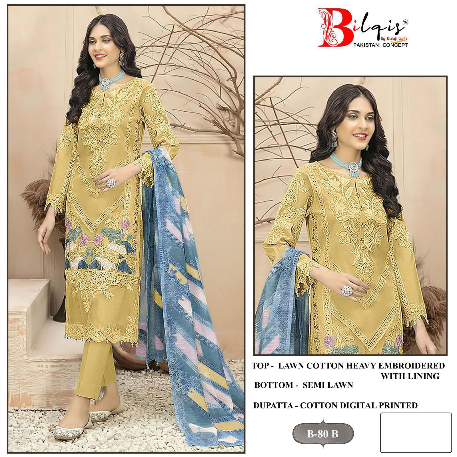 B-80 B Yellow Bilqis Cambric Lawn Pakistani Salwar Suits