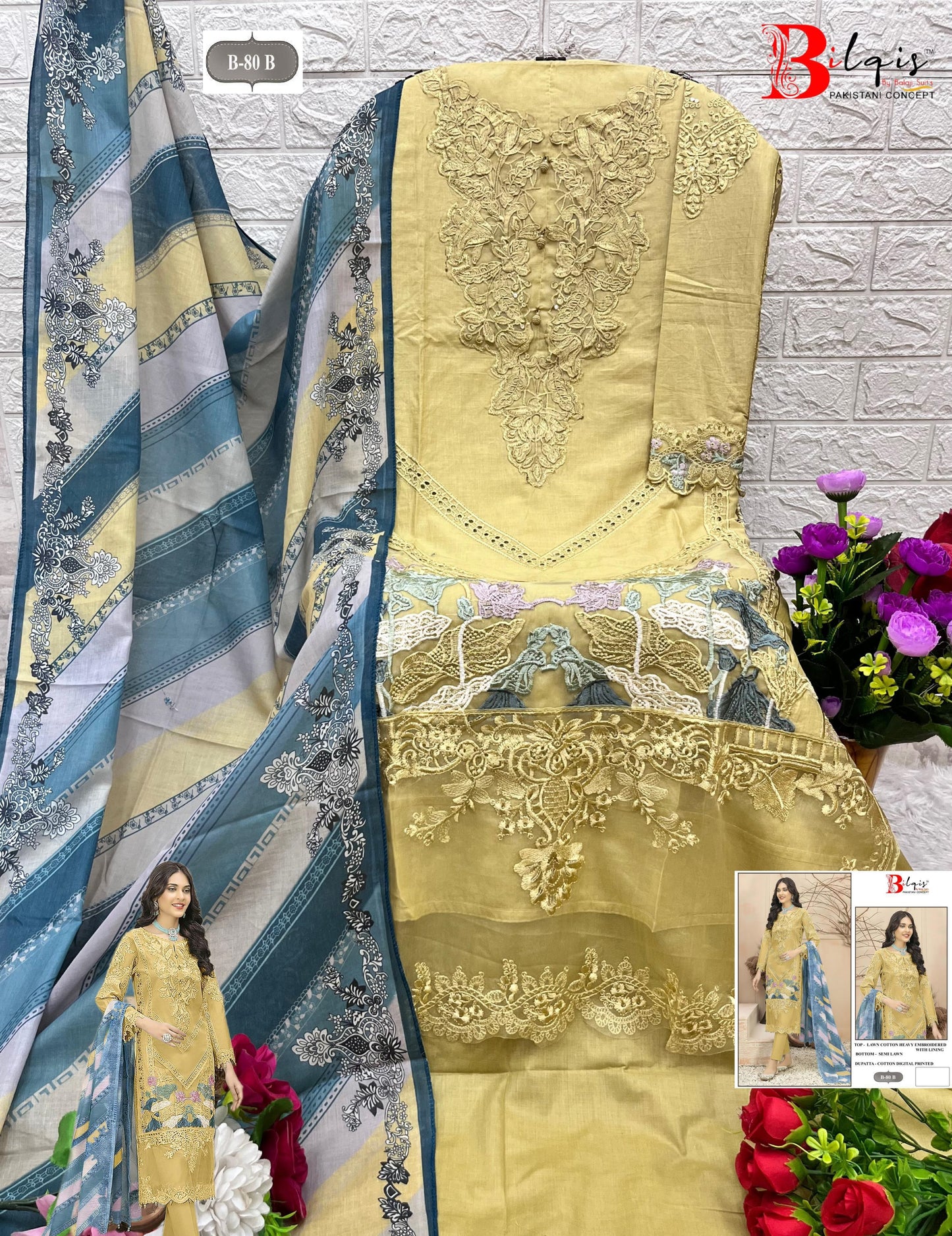 B-80 B Yellow Bilqis Cambric Lawn Pakistani Salwar Suits