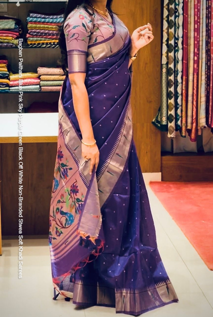 Bagban Paithani Blue Pink Sky Purple Green Black Off White Non-Branded Stwea Soft Khadi Sarees