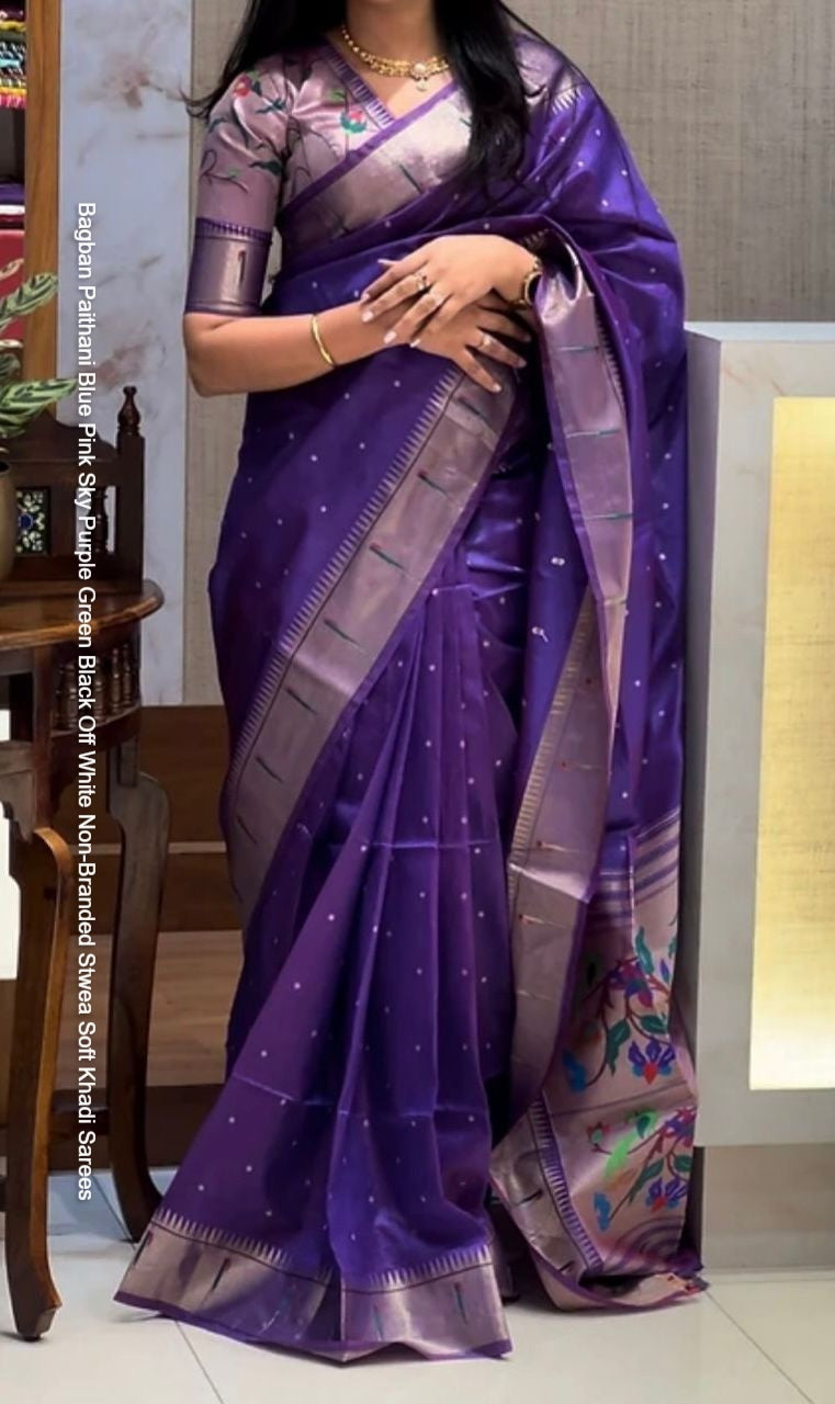 Bagban Paithani Blue Pink Sky Purple Green Black Off White Non-Branded Stwea Soft Khadi Sarees