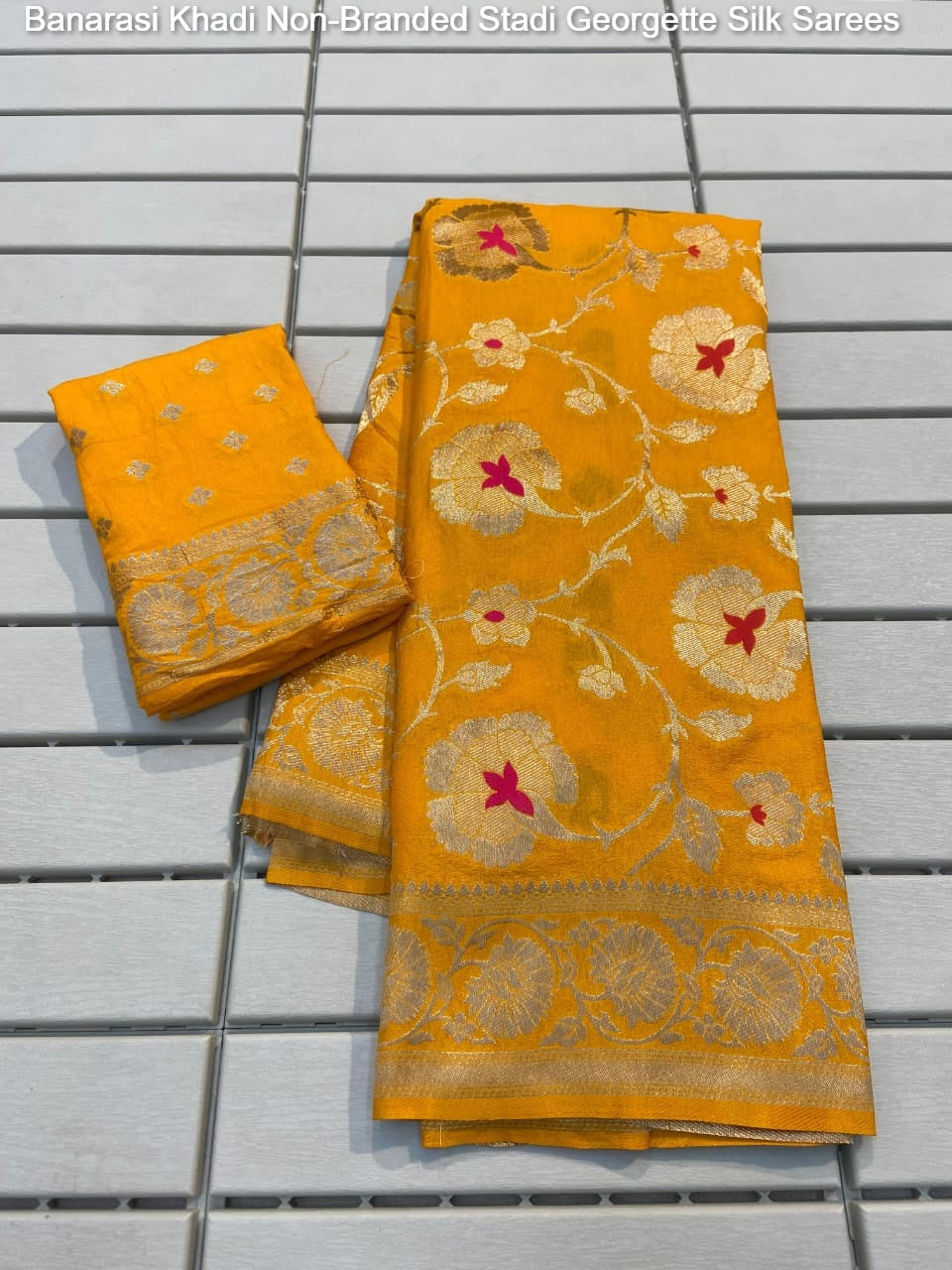 Banarasi Khadi Yellow, Wine, Limbu, White, Pink Non-Branded Stadi Georgette Silk Sarees