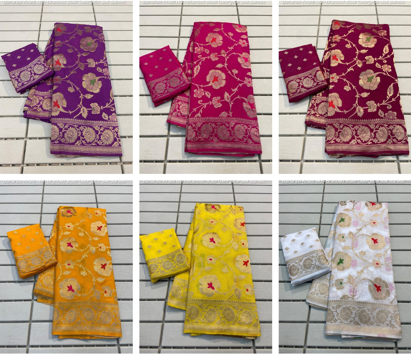 Banarasi Khadi Yellow, Wine, Limbu, White, Pink Non-Branded Stadi Georgette Silk Sarees