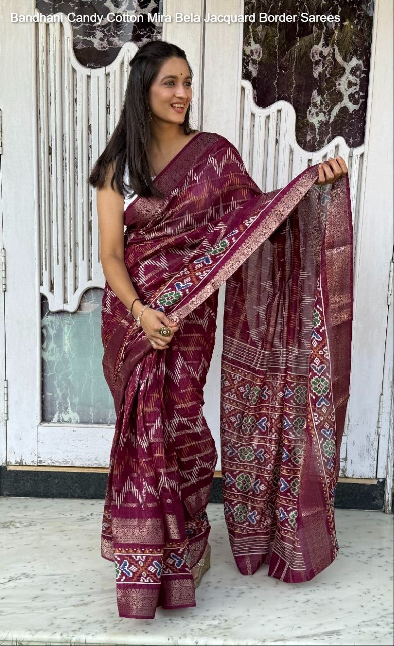 Bandhani Candy Cotton Mira Bela Jacquard Border Sarees