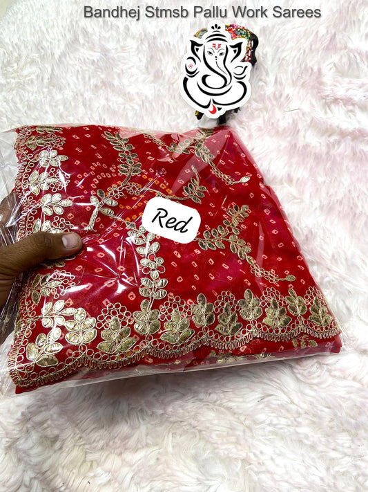 Bandhej Stmsb Pallu Work Sarees