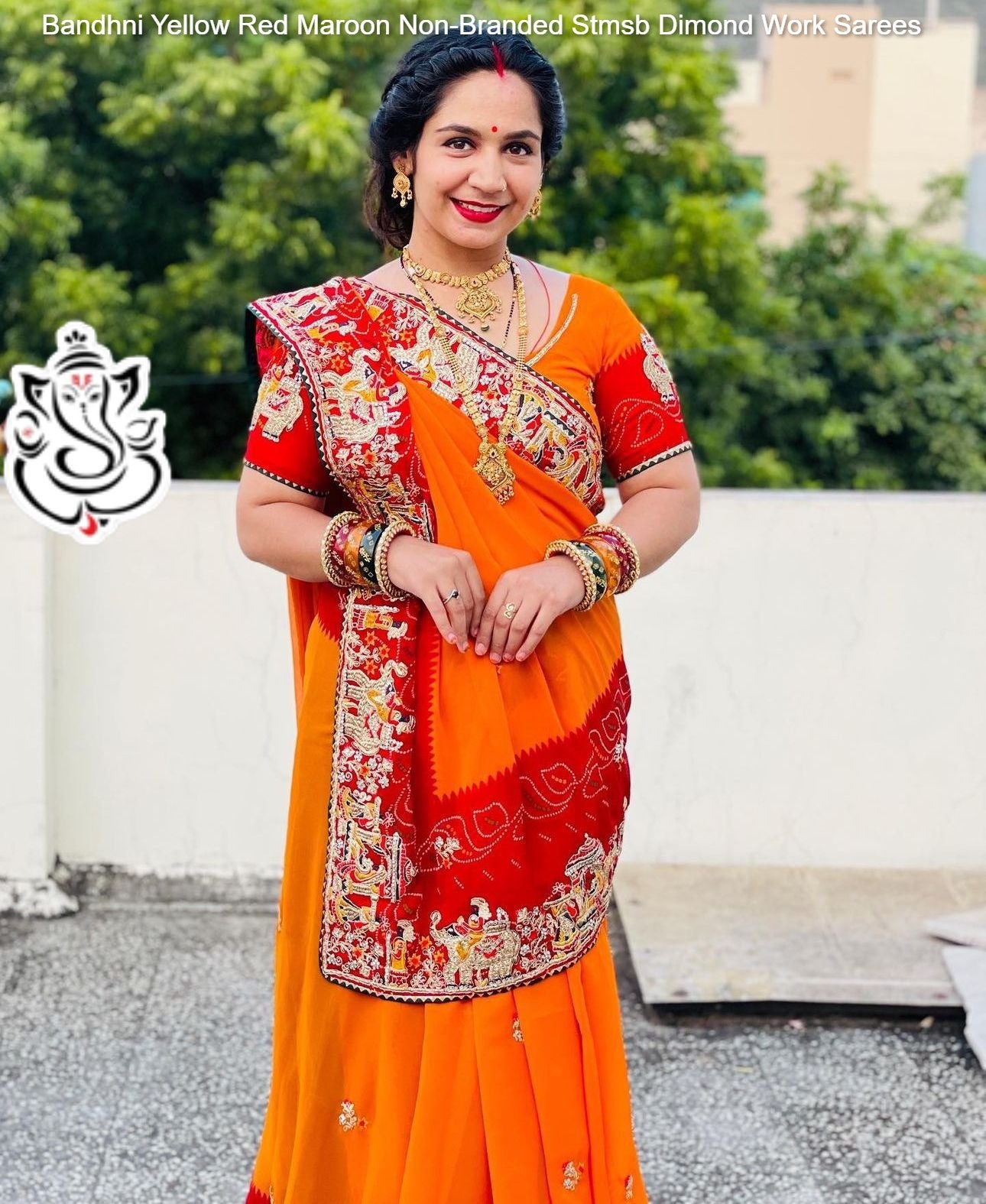 Bandhni Yellow Red Maroon Non-Branded Stmsb Dimond Work Sarees