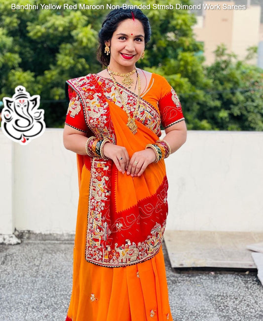 Bandhni Yellow Red Maroon Non-Branded Stmsb Dimond Work Sarees