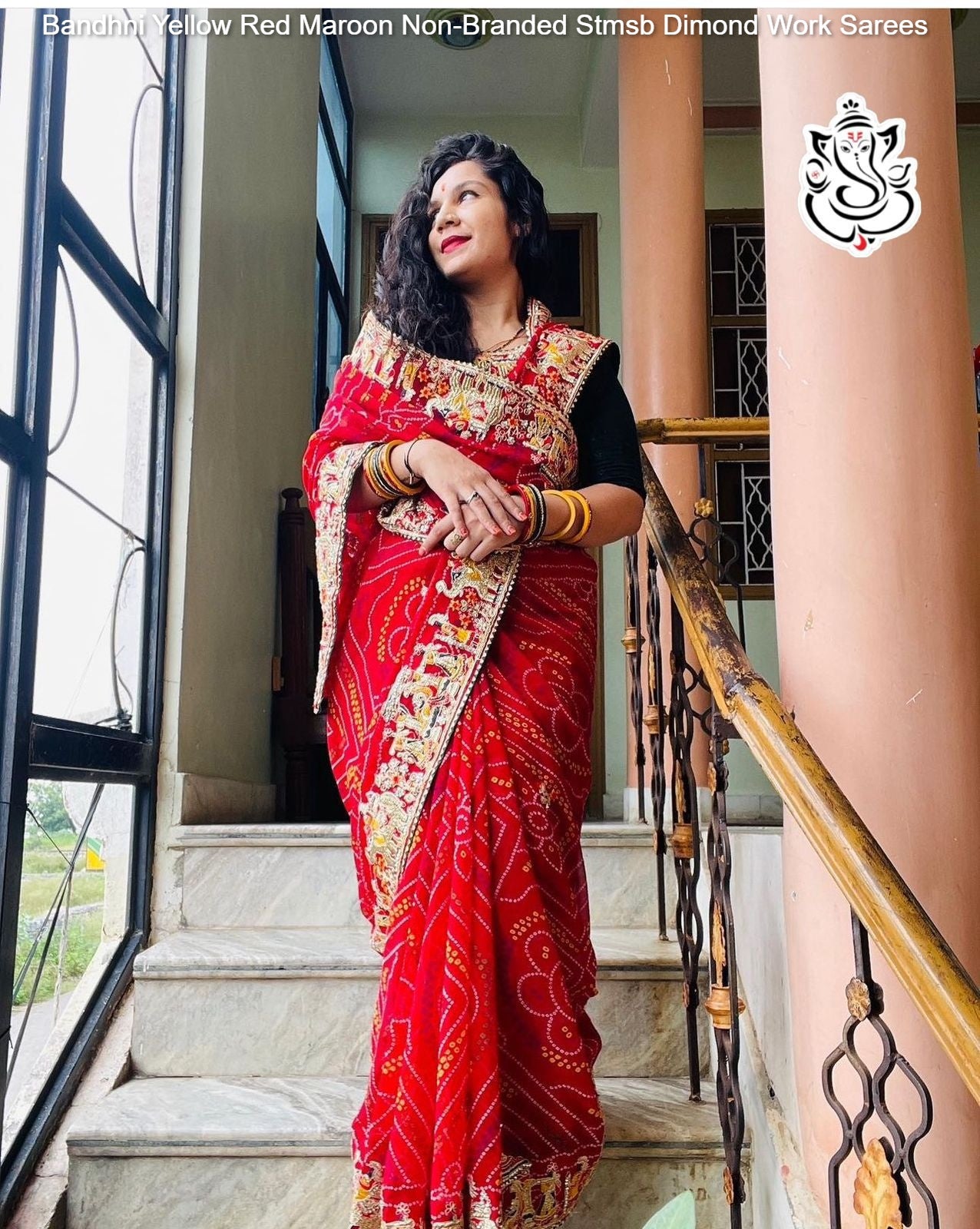 Bandhni Yellow Red Maroon Non-Branded Stmsb Dimond Work Sarees