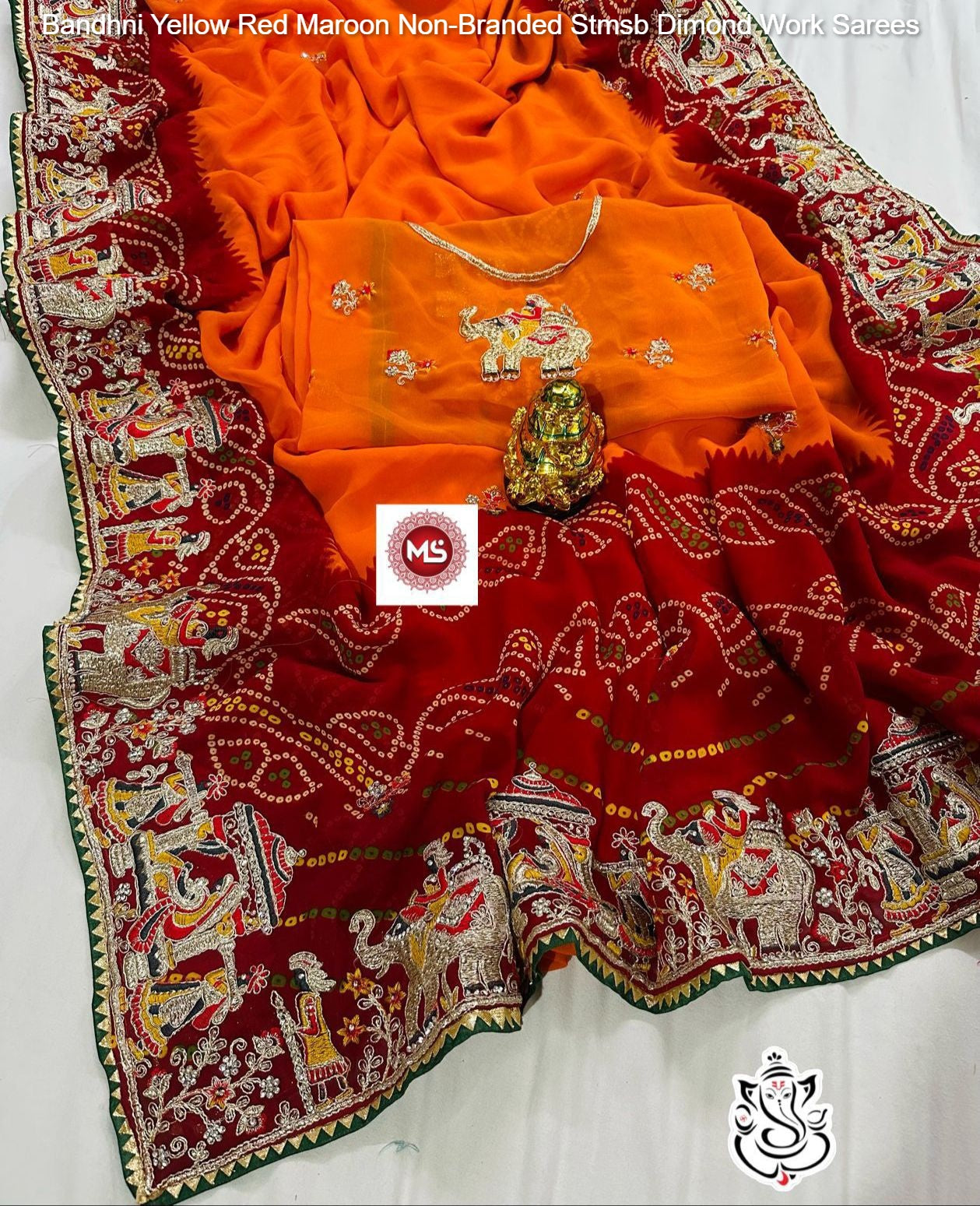 Bandhni Yellow Red Maroon Non-Branded Stmsb Dimond Work Sarees