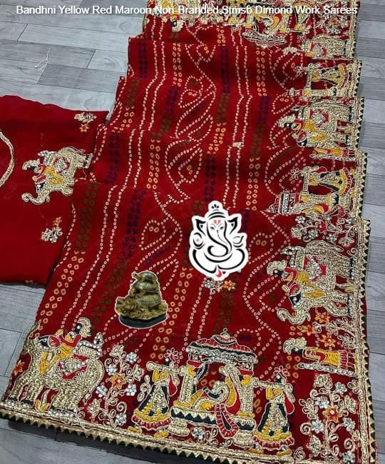 Bandhni Yellow Red Maroon Non-Branded Stmsb Dimond Work Sarees