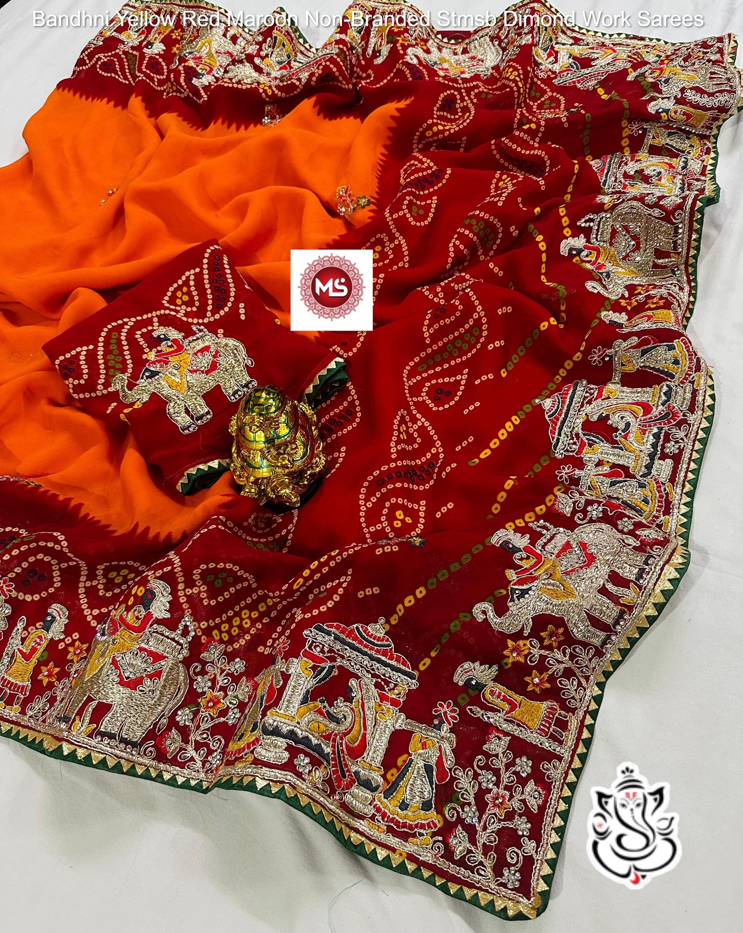 Bandhni Yellow Red Maroon Non-Branded Stmsb Dimond Work Sarees
