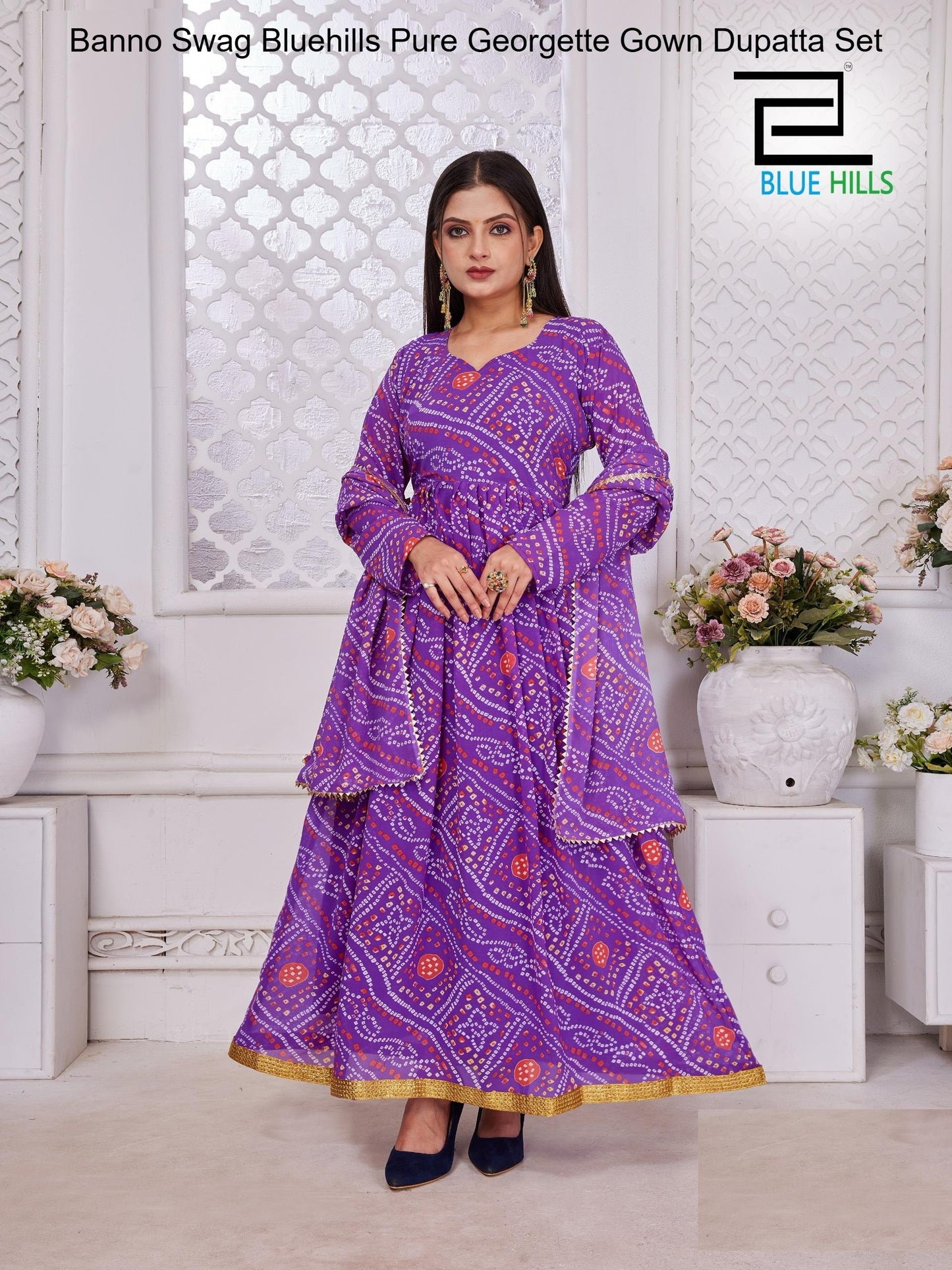 Banno Swag Bluehills Pure Georgette Gown Dupatta Set
