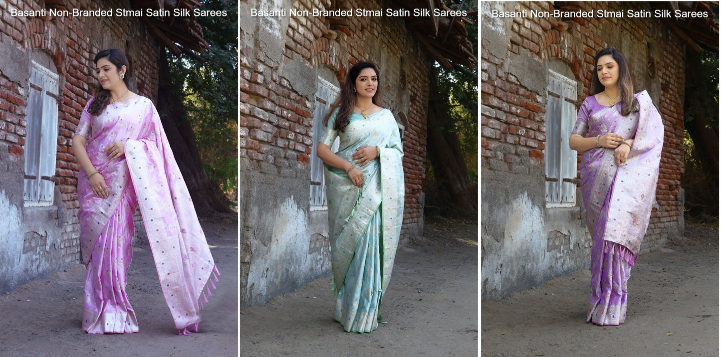Basanti Non-Branded Stmai Satin Silk Sarees