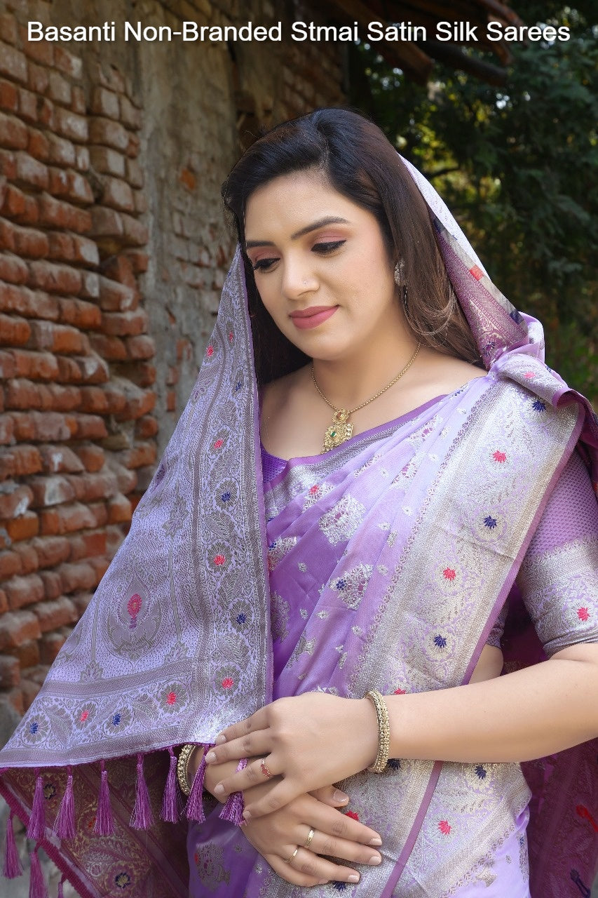 Basanti Non-Branded Stmai Satin Silk Sarees
