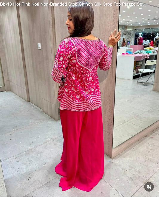 Bb-13 Hot Pink Koti Non-Branded Stbb Chinon Silk Crop Top Plazzo Set