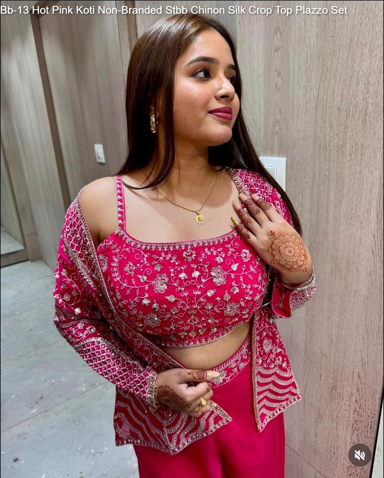 Bb-13 Hot Pink Koti Non-Branded Stbb Chinon Silk Crop Top Plazzo Set