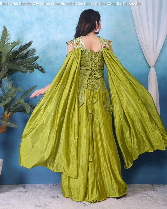 Bb-16 With Dupatta Olive Green Non-Branded Stbb Heavy Chinon Crop Top Plazzo Set