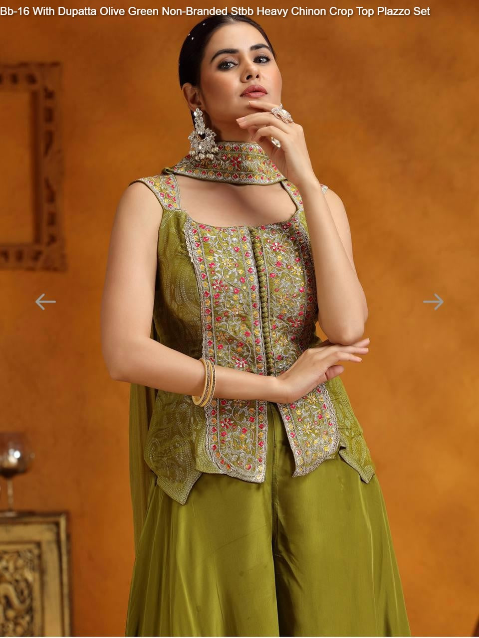 Bb-16 With Dupatta Olive Green Non-Branded Stbb Heavy Chinon Crop Top Plazzo Set