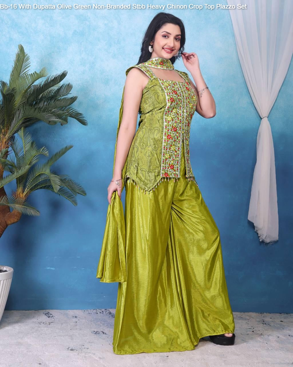 Bb-16 With Dupatta Olive Green Non-Branded Stbb Heavy Chinon Crop Top Plazzo Set