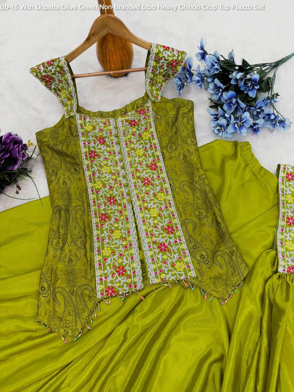 Bb-16 With Dupatta Olive Green Non-Branded Stbb Heavy Chinon Crop Top Plazzo Set