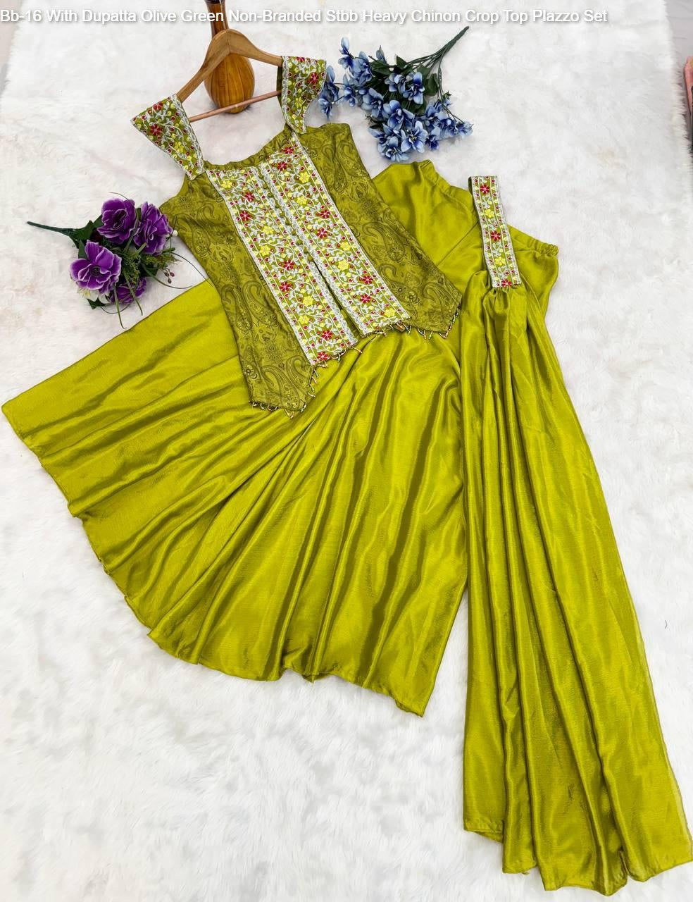 Bb-16 With Dupatta Olive Green Non-Branded Stbb Heavy Chinon Crop Top Plazzo Set