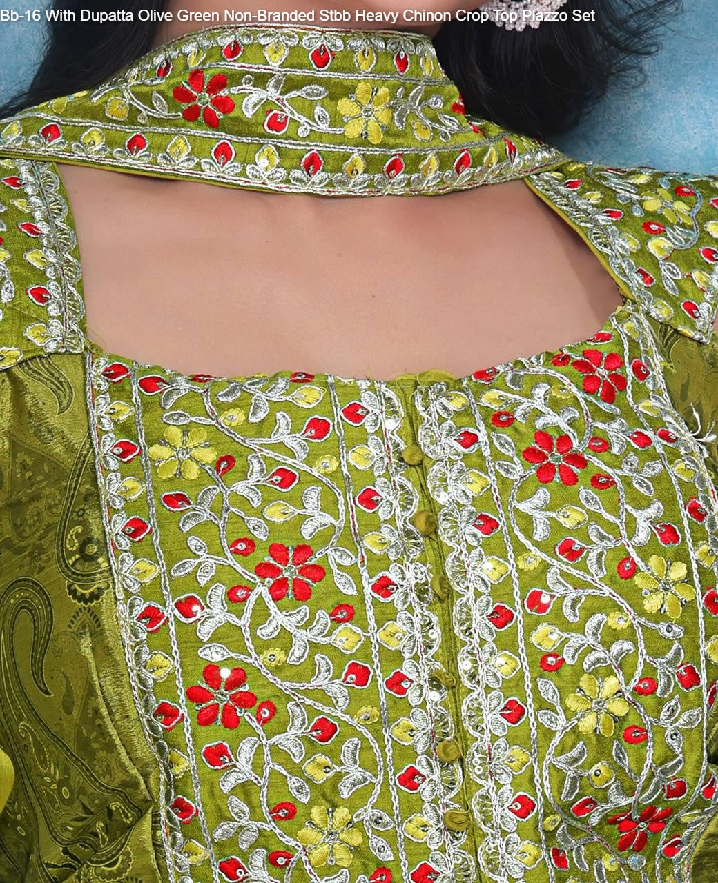 Bb-16 With Dupatta Olive Green Non-Branded Stbb Heavy Chinon Crop Top Plazzo Set