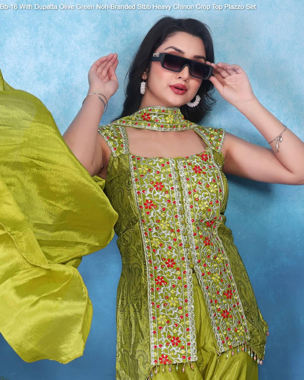 Bb-16 With Dupatta Olive Green Non-Branded Stbb Heavy Chinon Crop Top Plazzo Set
