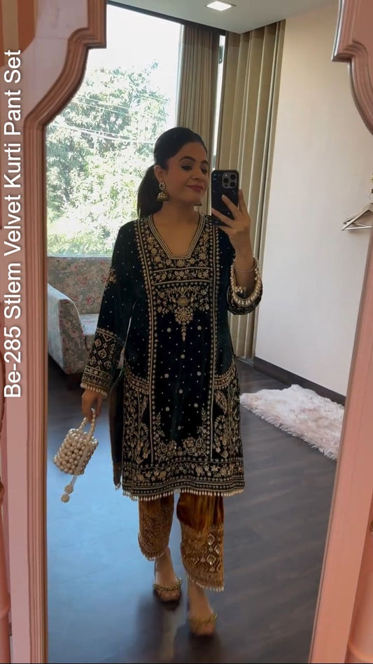 Be-285 Stlem Velvet Kurti Pant Set