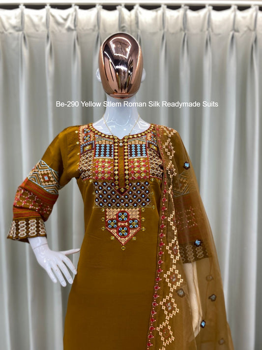 Be-290 Yellow Stlem Roman Silk Readymade Suits