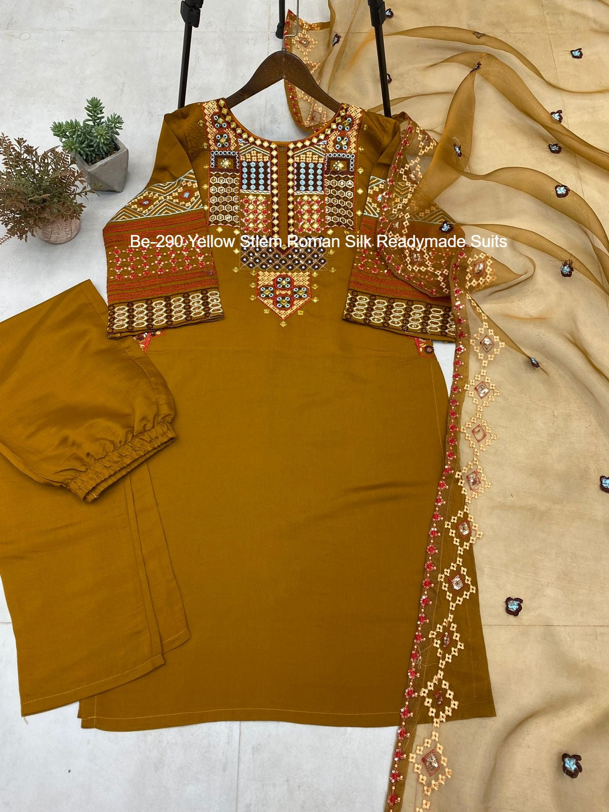 Be-290 Yellow Stlem Roman Silk Readymade Suits