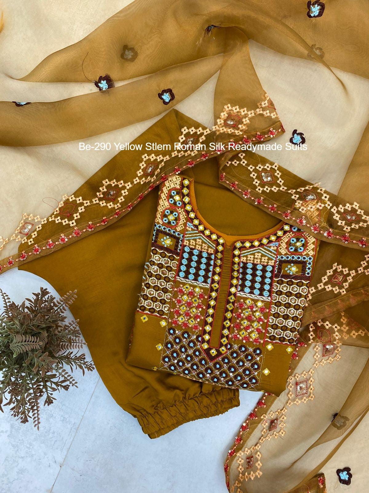 Be-290 Yellow Stlem Roman Silk Readymade Suits