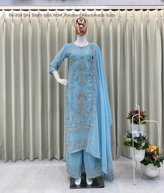 Be-304 Sky Stlem Moti Work Pakistani Readymade Suits