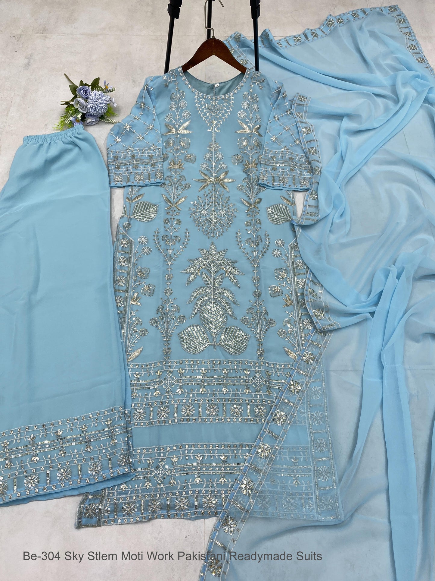 Be-304 Sky Stlem Moti Work Pakistani Readymade Suits