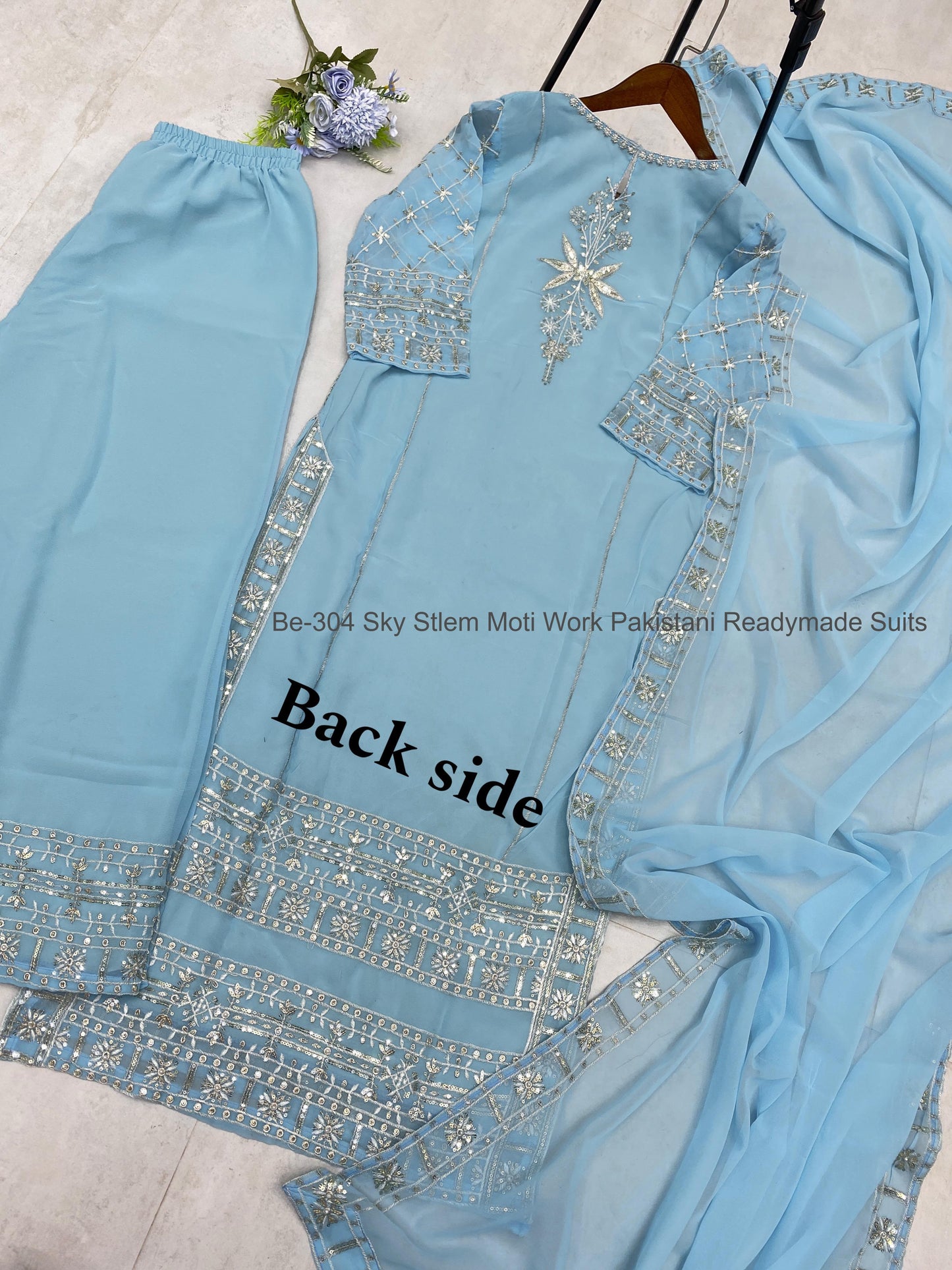 Be-304 Sky Stlem Moti Work Pakistani Readymade Suits