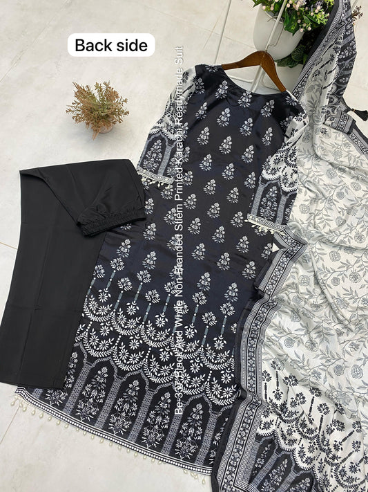 Be-337 Black And White Non-Branded Stlem Printed Karachi Readymade Suit