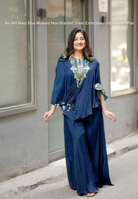 Be-349 Navy Blue Mustard Non-Branded Stlem Embroidery Indowestern Pair