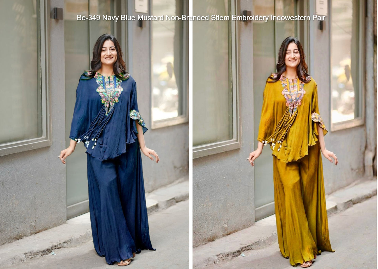 Be-349 Navy Blue Mustard Non-Branded Stlem Embroidery Indowestern Pair