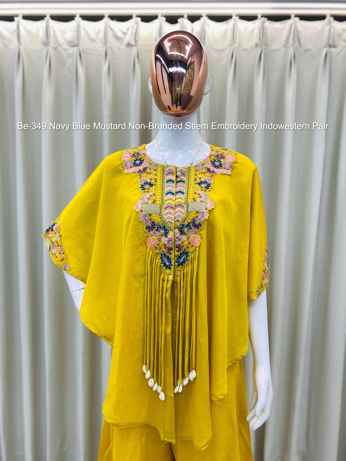 Be-349 Navy Blue Mustard Non-Branded Stlem Embroidery Indowestern Pair