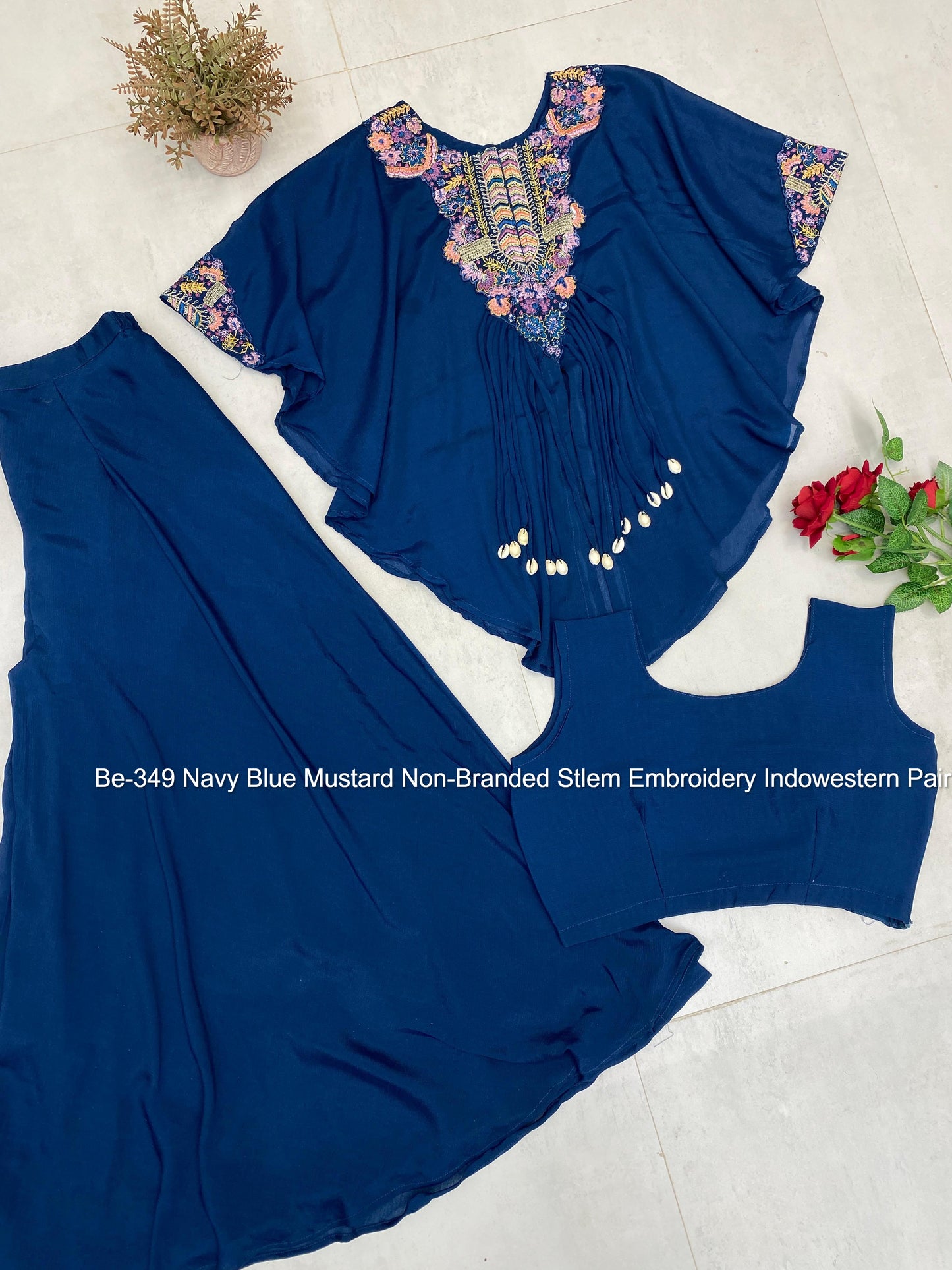 Be-349 Navy Blue Mustard Non-Branded Stlem Embroidery Indowestern Pair