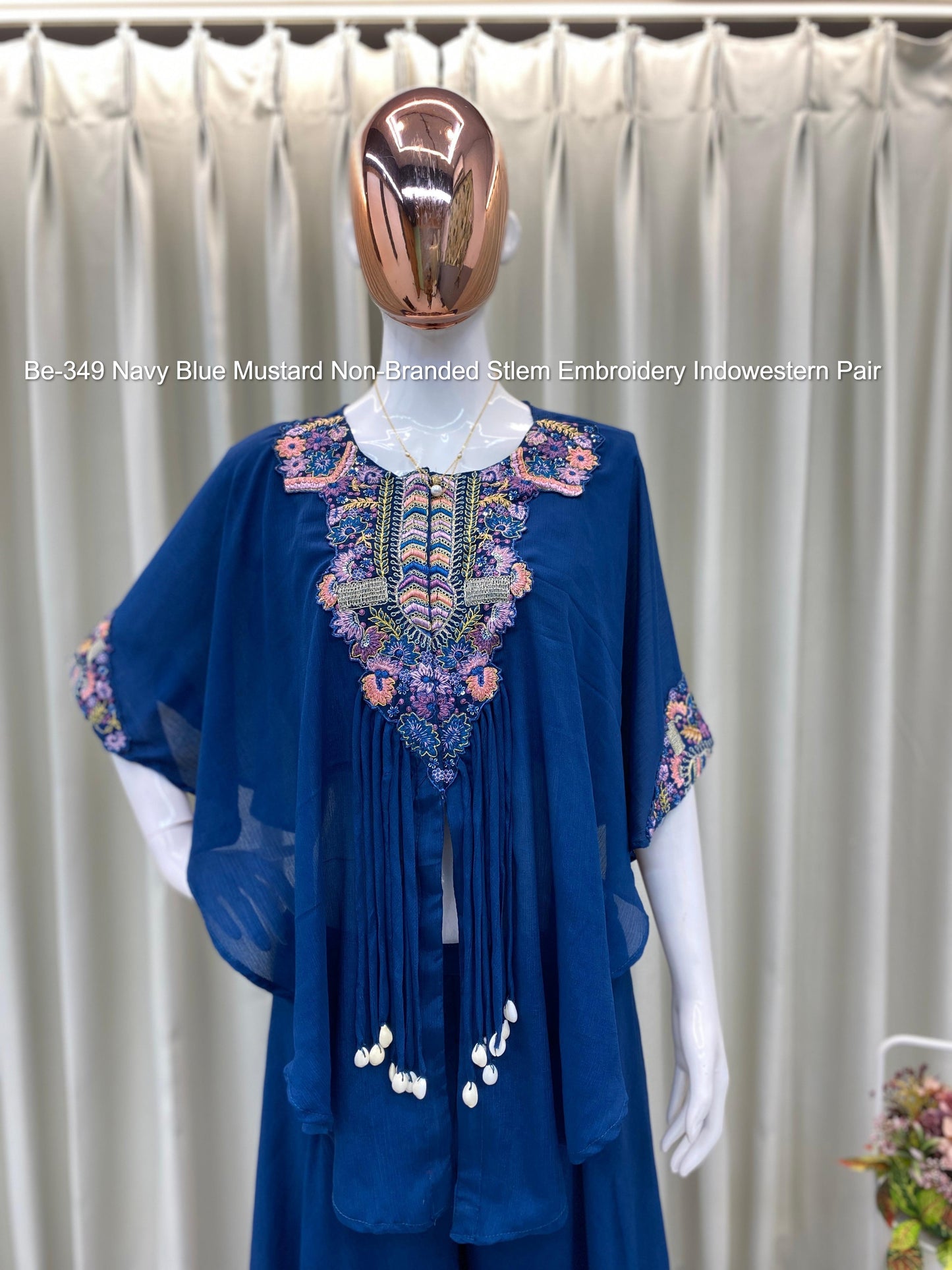 Be-349 Navy Blue Mustard Non-Branded Stlem Embroidery Indowestern Pair