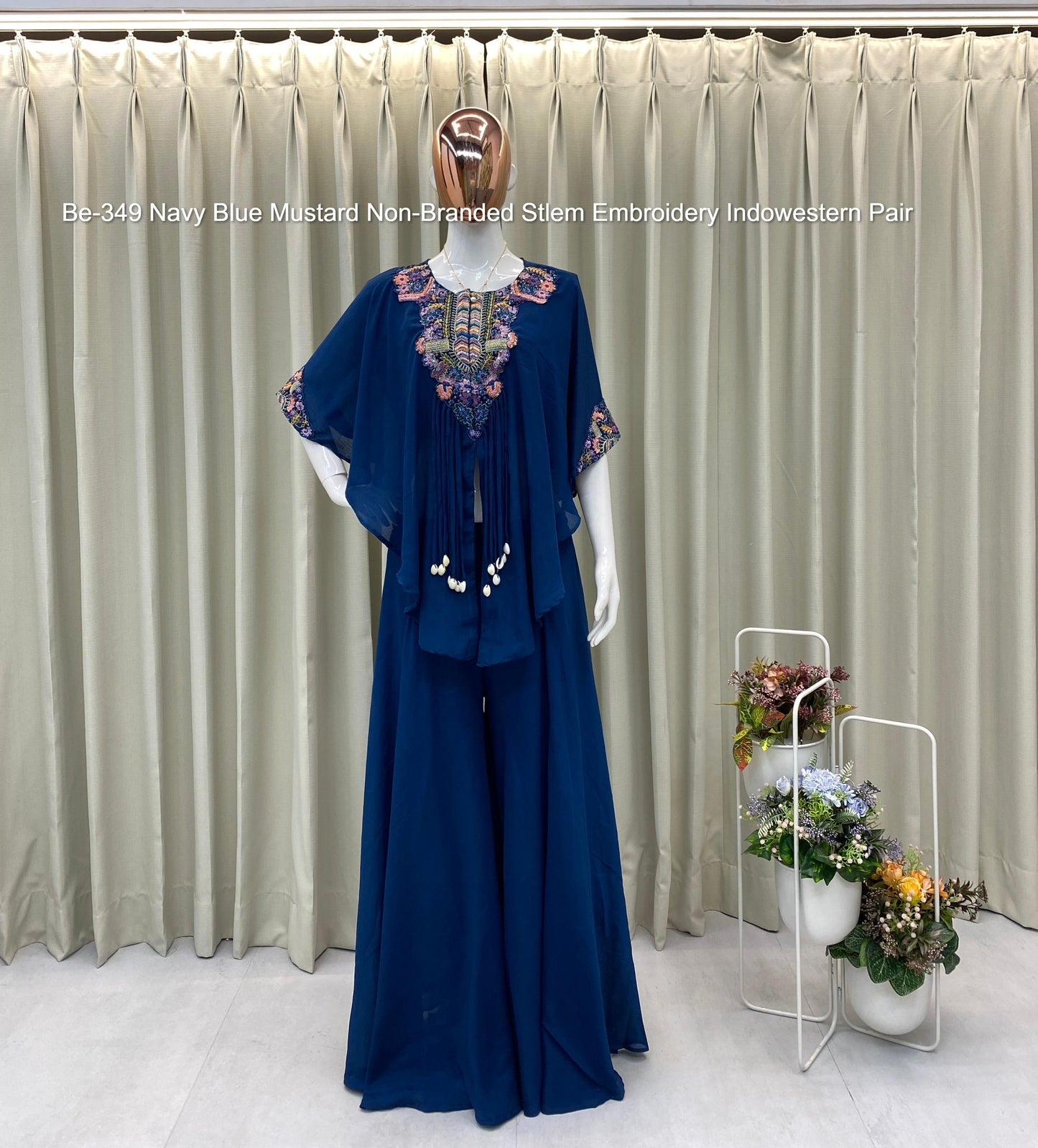 Be-349 Navy Blue Mustard Non-Branded Stlem Embroidery Indowestern Pair