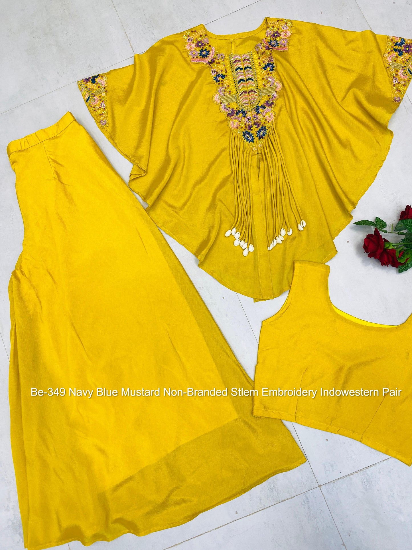 Be-349 Navy Blue Mustard Non-Branded Stlem Embroidery Indowestern Pair