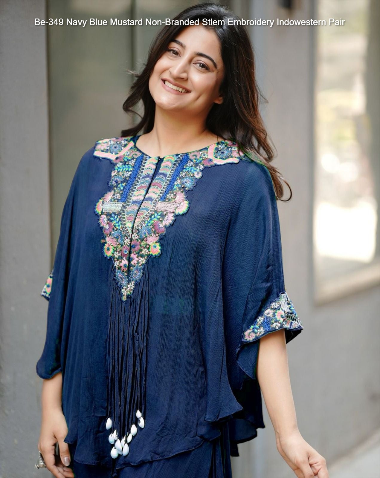 Be-349 Navy Blue Mustard Non-Branded Stlem Embroidery Indowestern Pair