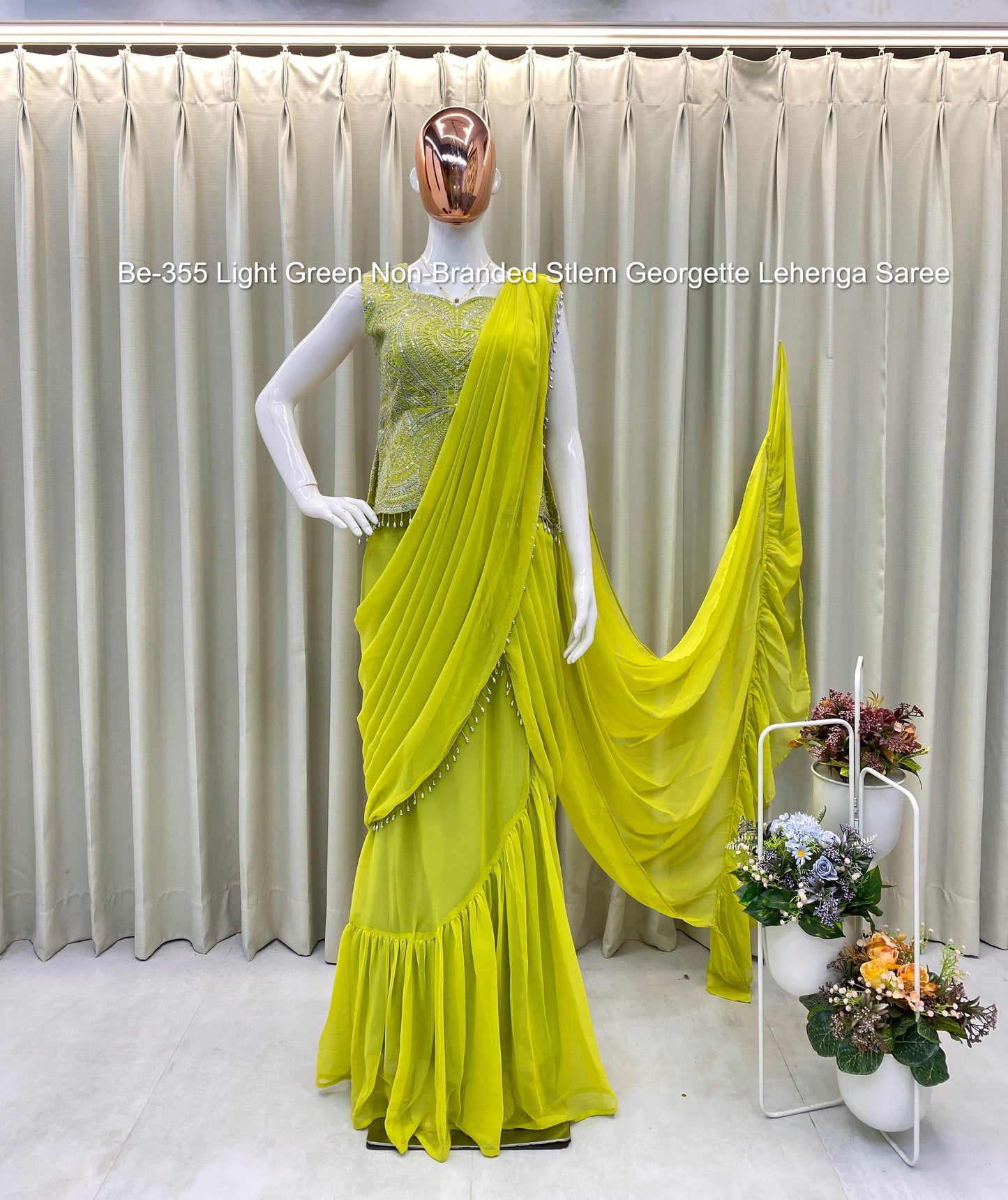 Be-355 Light Green Non-Branded Stlem Georgette Lehenga Saree