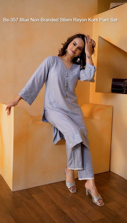 Be-357 Blue Non-Branded Stlem Reyon Kurti Pant Set
