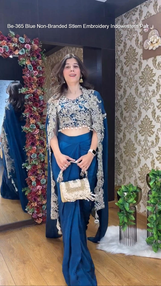 Be-365 Blue Non-Branded Stlem Embroidery Indowestern Pair