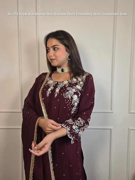 Be-374 Royal Blue Maroon Non-Branded Stlem Embroidery Work Readymade Suits